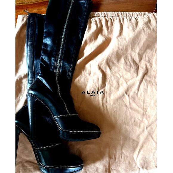 Alaïa Paris Black Leather Knee-High Zipper Boots 40.5 Italy - Picture 12 of 12